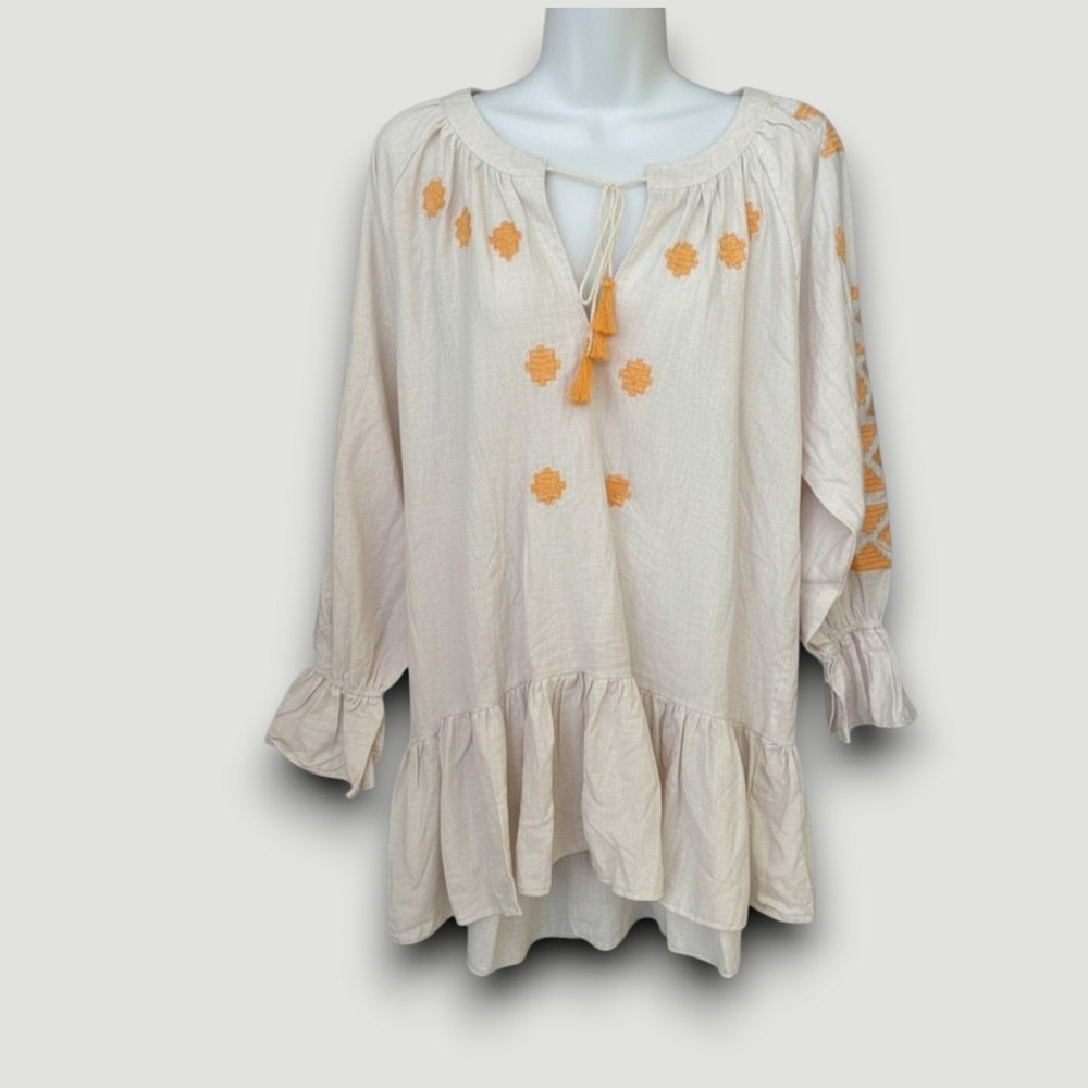 Evy's Tree The‎ Jolene Tunic Women 1X Cream Excellent Embroidered Boho Peplum